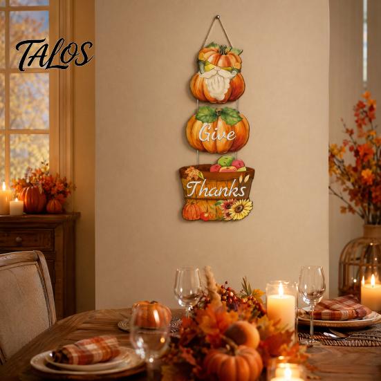 Decoração Sazonal de Madeira Pingente de Ação de Graças, Decoração Durável de Outono, Placa de Madeira Impermeável Impressa com Abóbora e Cesta de Frutas, para Casa ao Ar Livre
