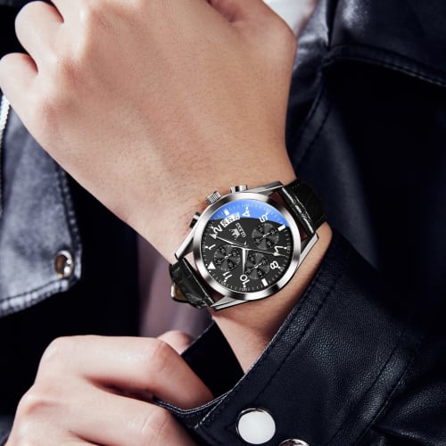 OLEVS Men's Stylish Black Watch, Simple Design, Waterproof, Business Watch with Date Display, Leather Quartz Movement, Analog Chronograph Watch, Popul