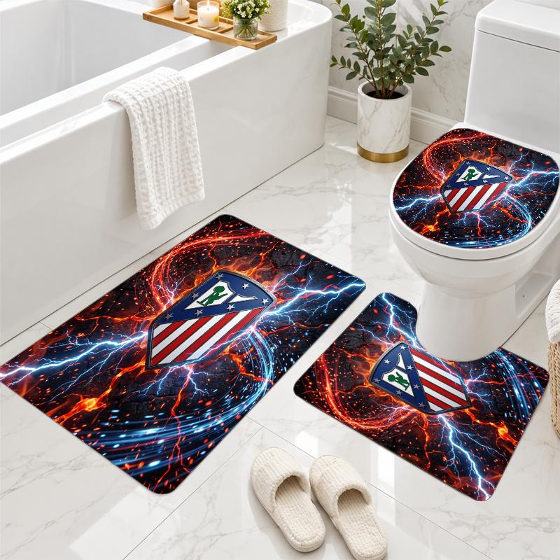3Pcs Flannel Toilet Mat Set Atletico Madrid Bathroom Rug Non Slip Bath Carpet Home Decor