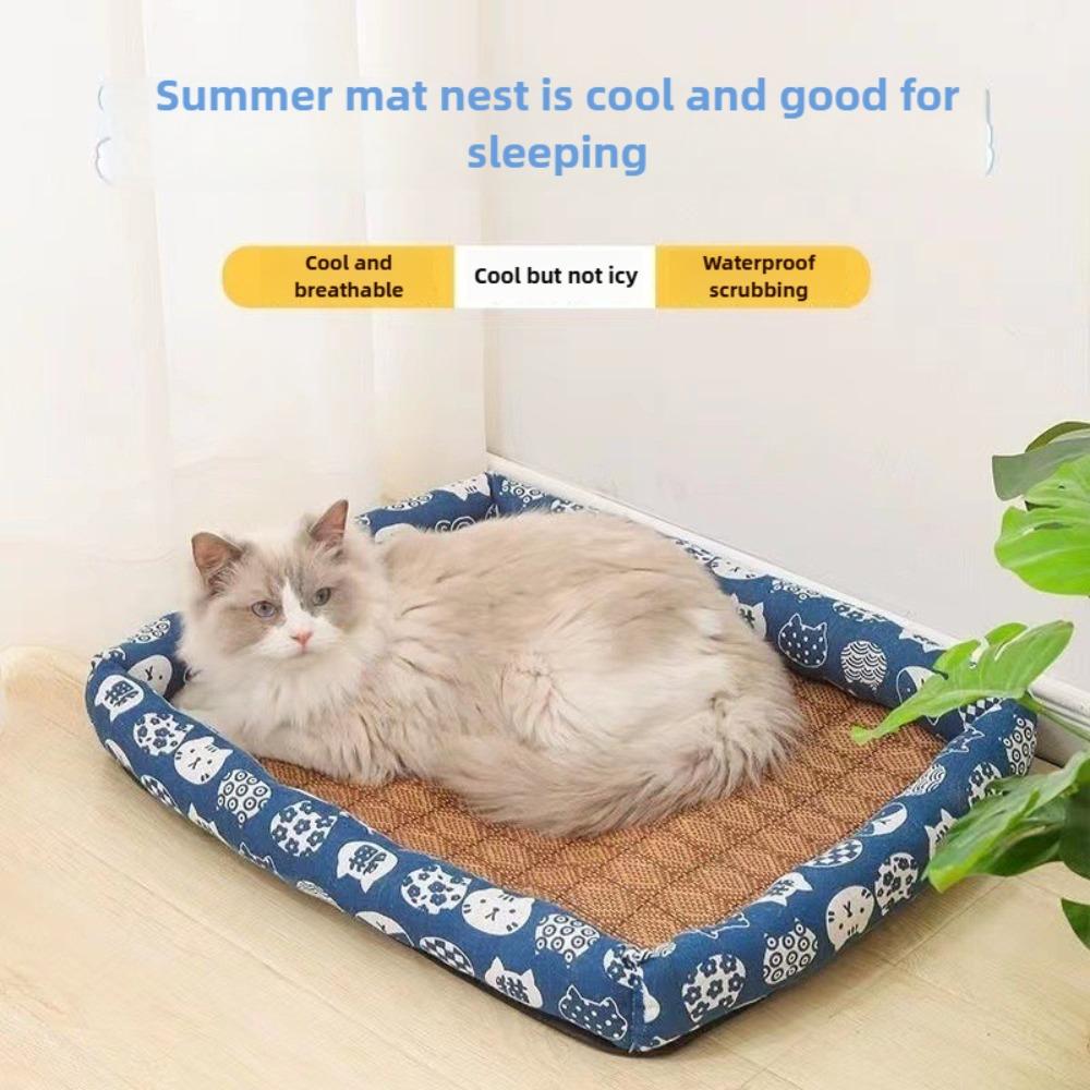 Cat Bad Linen Rattan Woven Cool Mat Pet Ice Pad Cartoon Teddy Bear Small Dog Bed Summer Cat Cooling Sleeping Pad for Winter