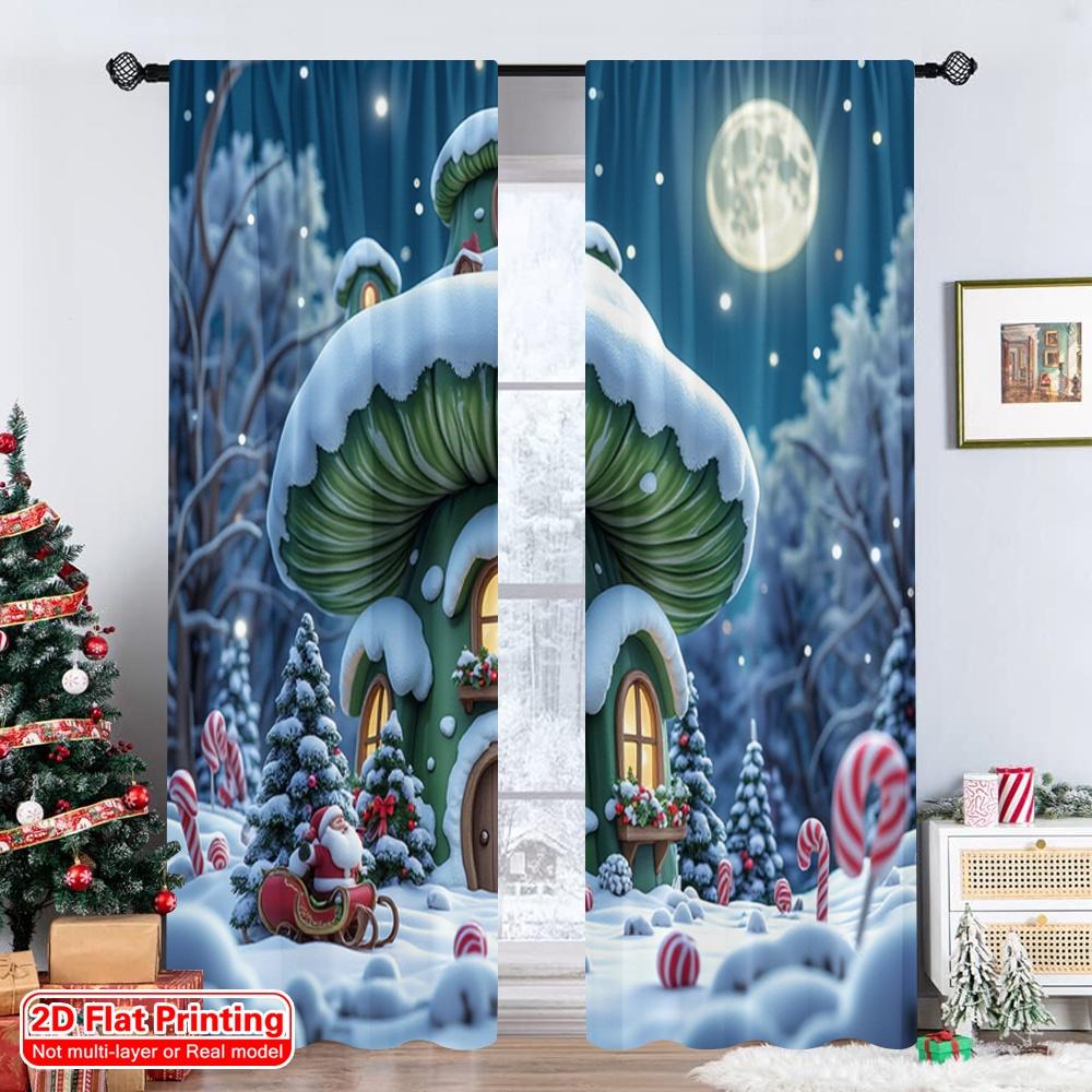Set Of 2 Flat Printing Merry Christmas Window Drapes Elf House Snow Globe Polyester Fabric Without Electricity Party Curtain Made