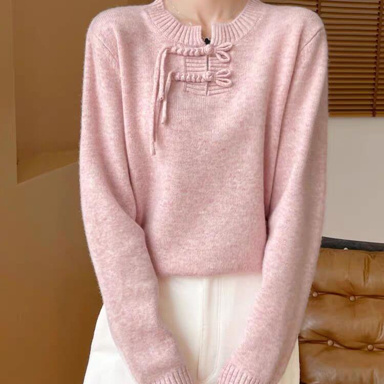 New Chinese Style Autumn and Winter New Women's Half-open Collar Loose Pullover Knitted Sweater Velvet