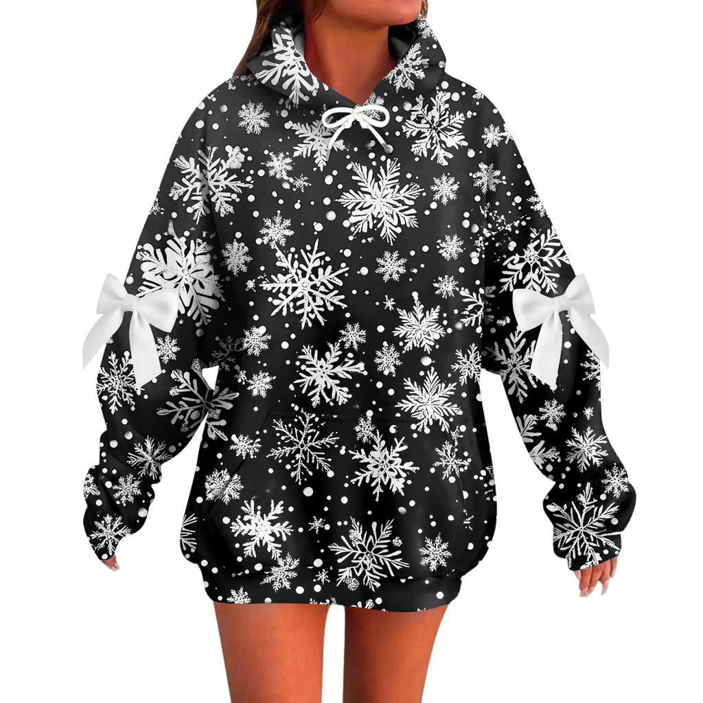 Ladies' Christmas Printed Bow Long Sleeved Loose Fitting Headband With Rope Hooded Sweatshirt Top