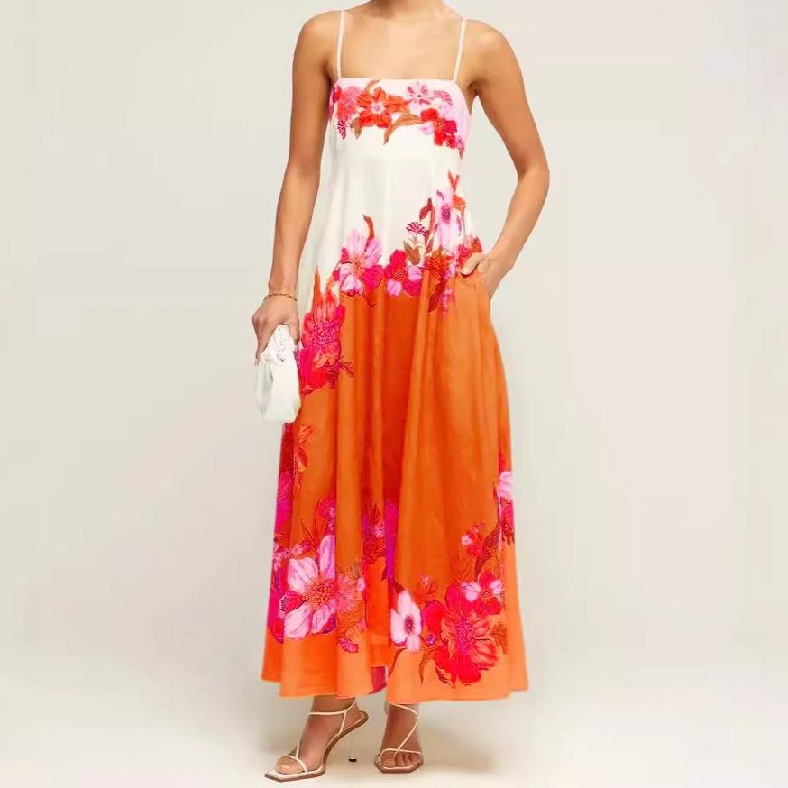 2024 Summer European & American Style Sling Elegant High-Waist Print Casual Dress