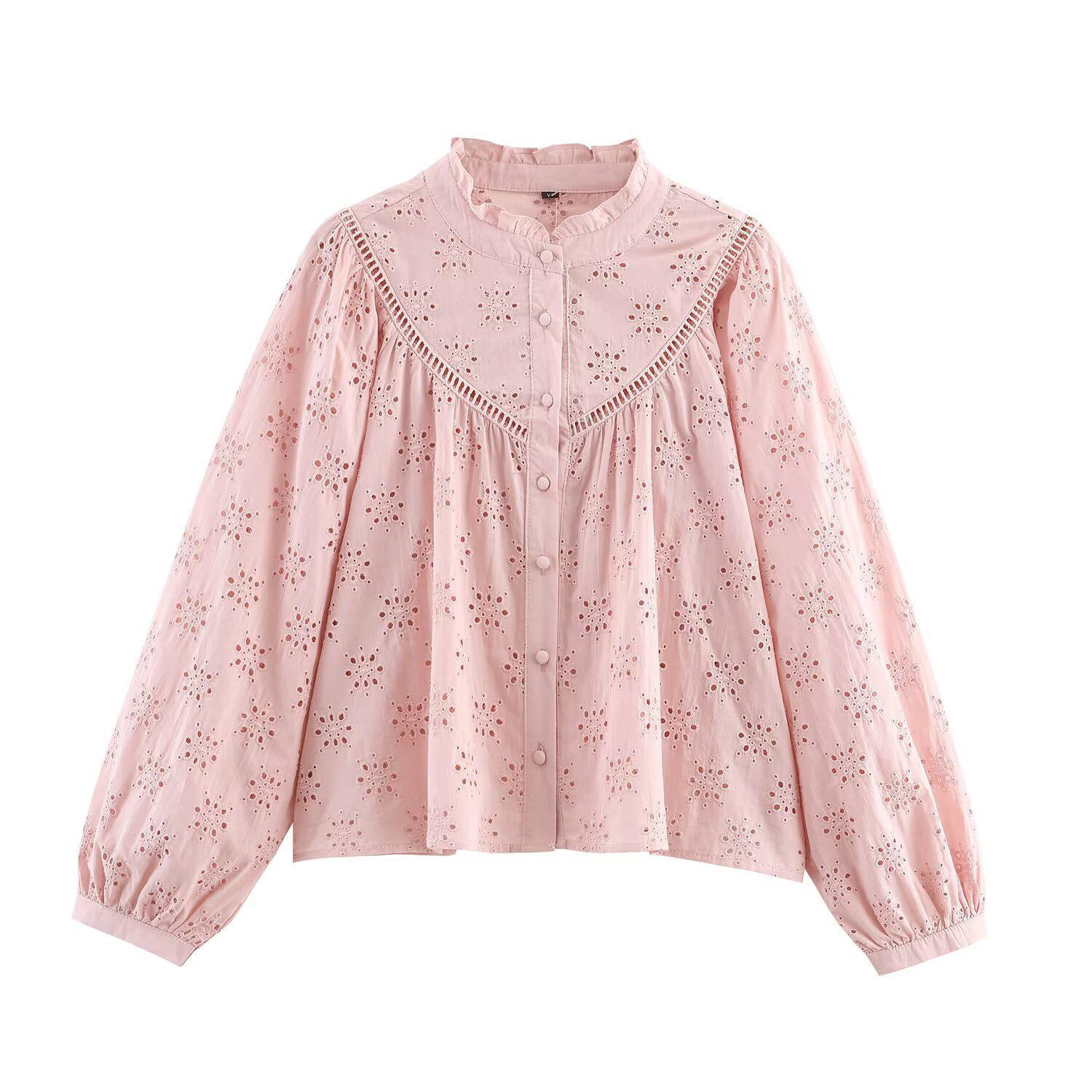 2025 Fall Pink Embroidered Hollow Long Sleeve Women s Shirt Medium