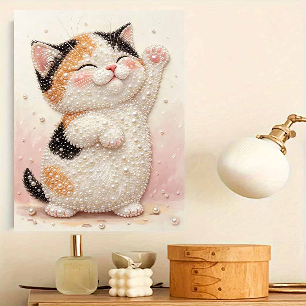 Creative DIY Framed Pearl Art Kit with Cute Lucky Cat Pattern Sparkling Bead Canvas Ready to Display Relaxing Gift for Adults Projects