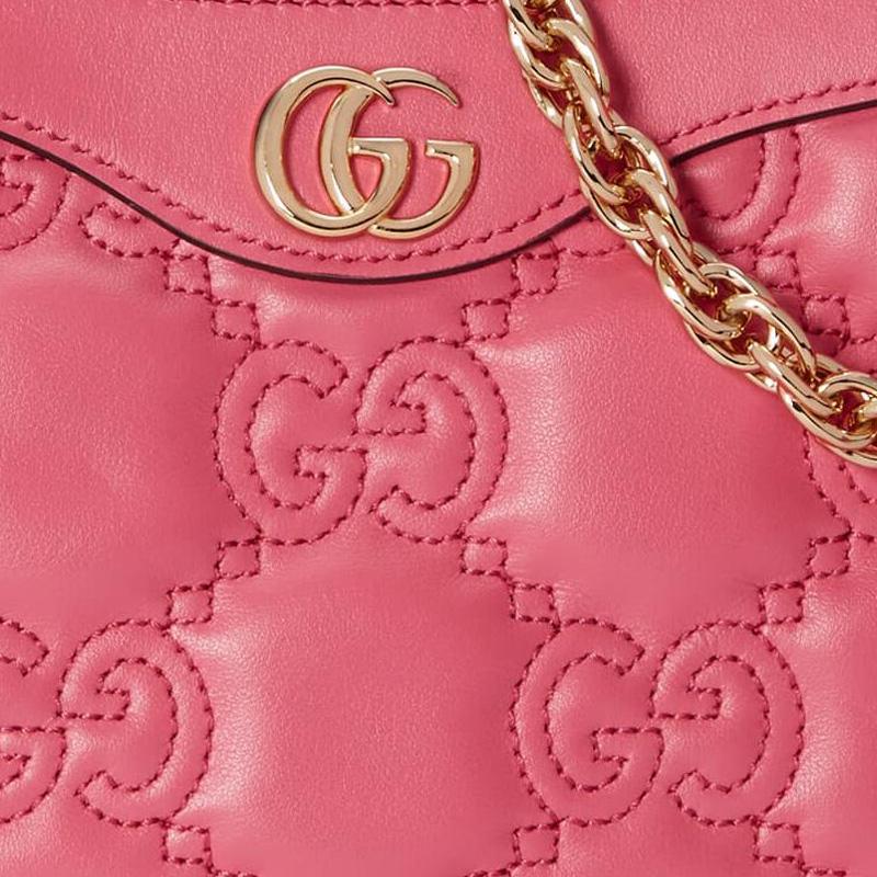 Gucci GG Matelassé Logo Chain Canvas Backpack Leather Mahjong Bag Shoulder Bag Tote Bag Women Bags Gold Pink 735049-UM8HG-8550
