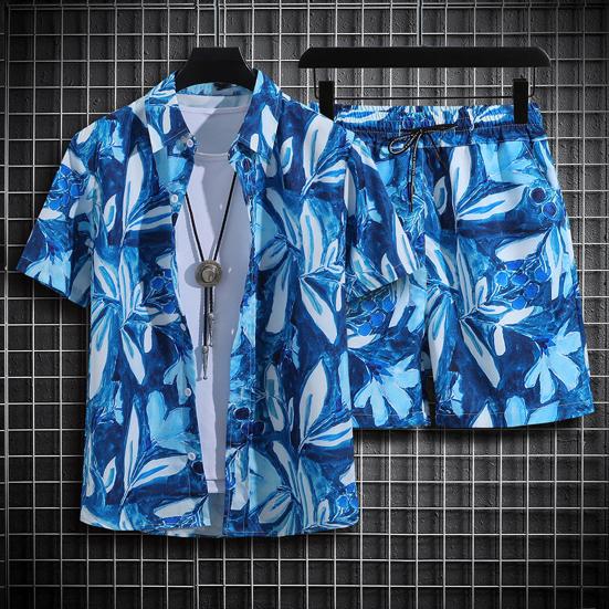 2Pcs/Set Men Beach Outfit Lapel Short Sleeve Single Breasted Shirt Elastic Drawstring Waist Wide Leg Shorts Set Hawaiian Print Casual Tracksuit
