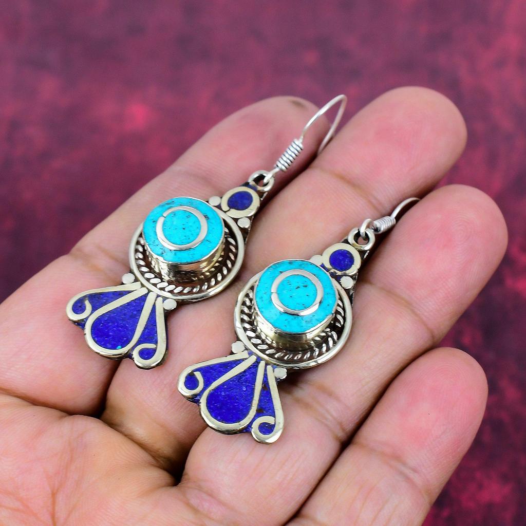 Turquoise & Lapis Lazuli Earrings, 925 Solid Sterling Silver Gemstone Jewelry, Handmade Earrings, For Thanksgiving