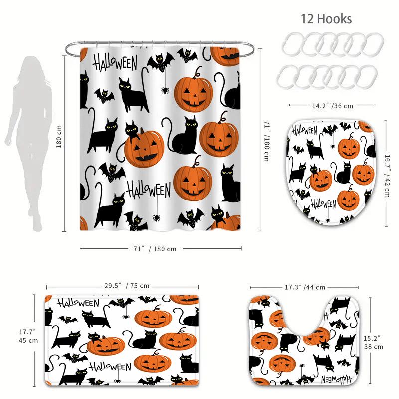 Halloween Shower Curtain Set - Pumpkin Cat Bat Spider Design, Includes Toilet Lid Cover & Bath Mats, 180X180Cm, 12 Hooks