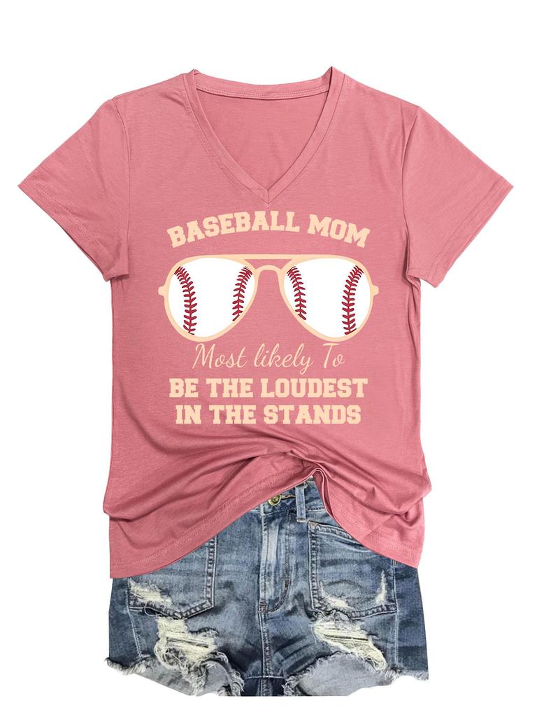 Summer New Short Sleeve Tshirt Baseball Mom Print Loose Vneck Casual Fashion Top