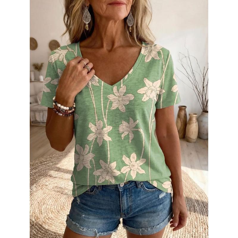 Women s Bohemian Floral Plant Print T-Shirt, Vintage V-Neck Short Sleeve, Blue Green Beige, Spring Summer S