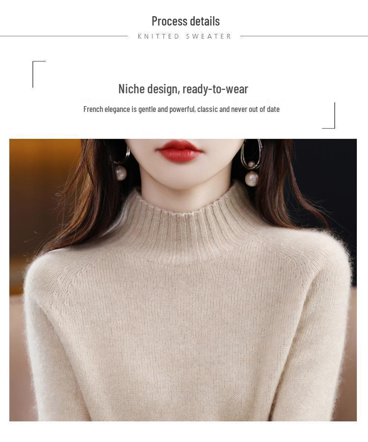 Women's Pure Wool Thickened Sweater - Autumn/Winter New Style, Loose Half-High Neck Pullover Knit Base Layer