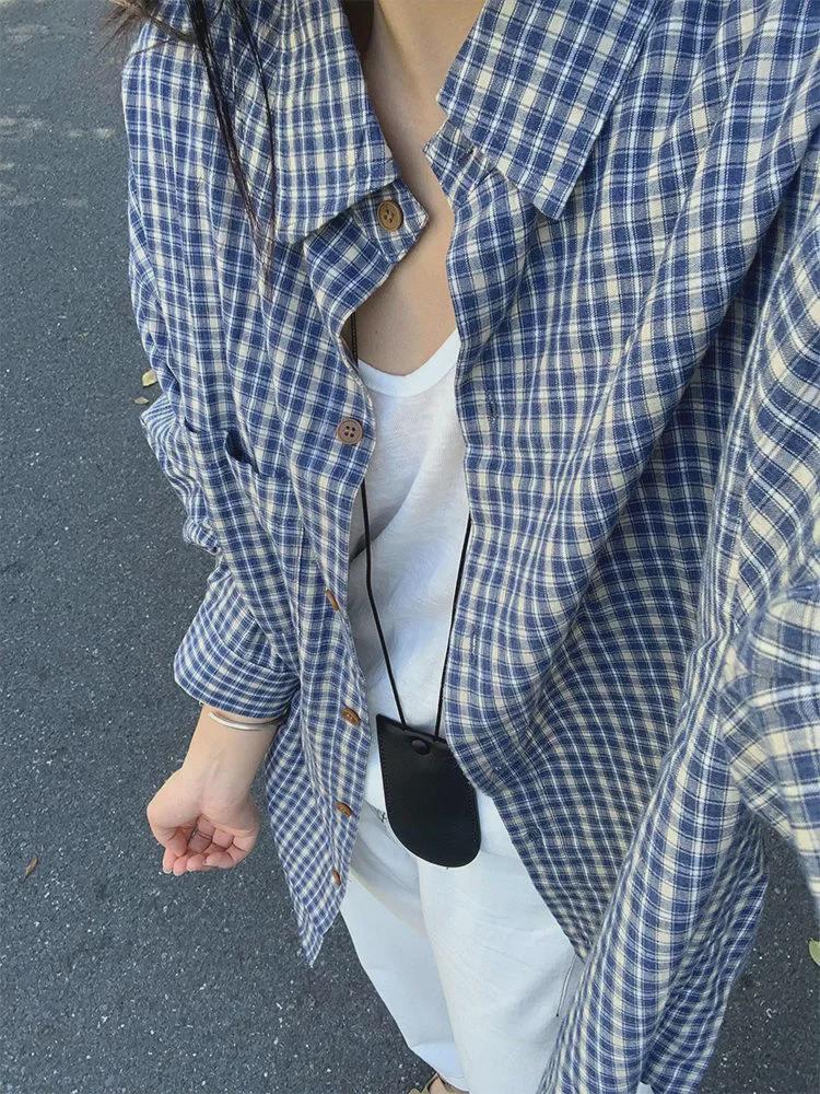 Women's Blue Plaid Shirt Jacket - Korean Autumn Style Loose Casual Cardigan Top