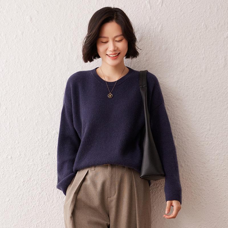 Women's Cashmere Round Neck Loose Sweater - Thick Knit Pullover for Autumn/Winter