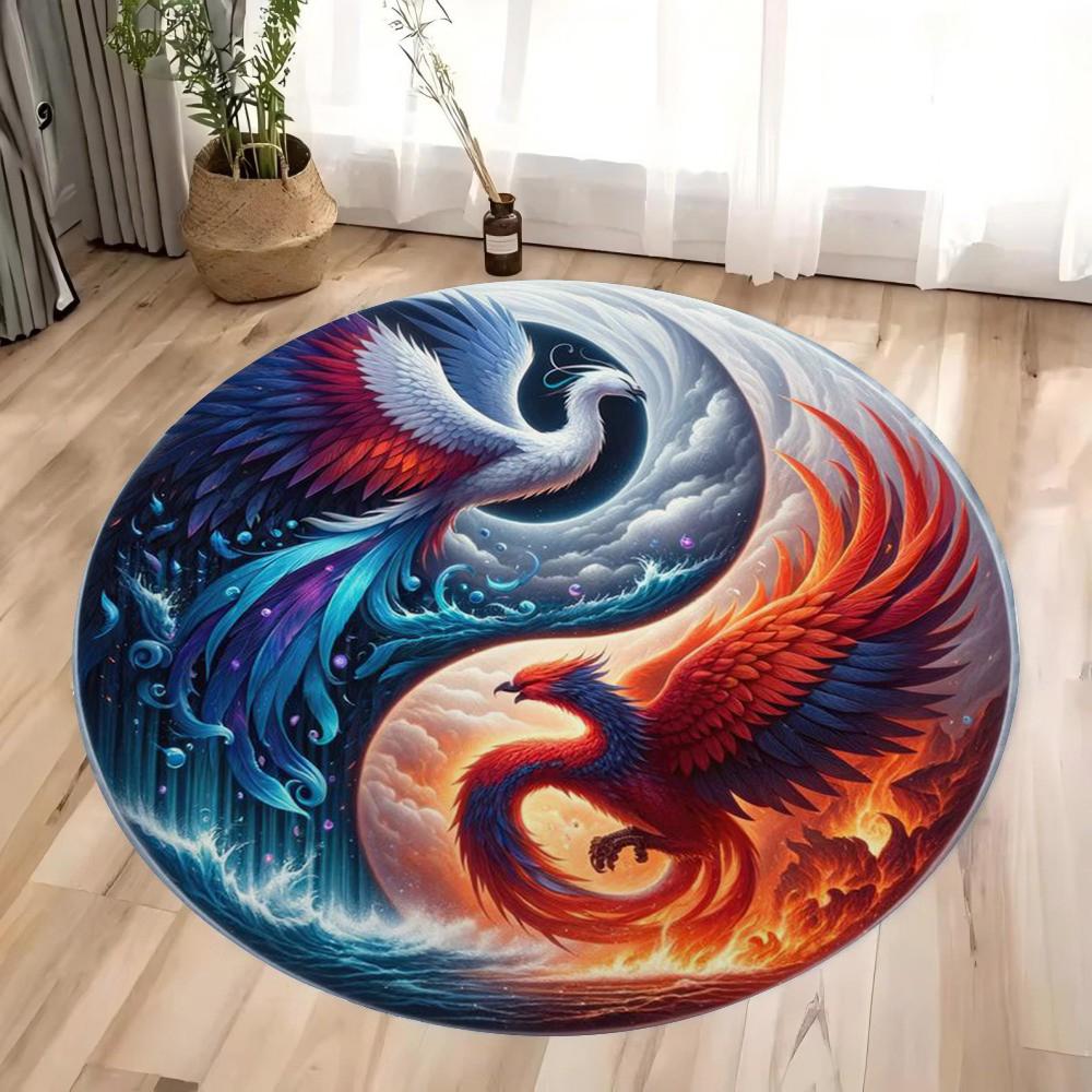 Yin Yang Mythische Kreaturen Muster Runder Fußabtreter Lebhafte Drachen und Glücksbringende Tiere Rutschfeste Fußmatte für Heimdekoration