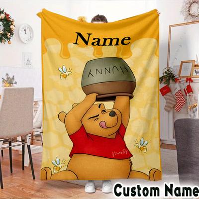 Custom NameCartoon Bear Blanket Flannel Throw for Sofa, Indoor, Camping, Living Room, Office, Chair, And Bed Soft Birthday Christmas Gift