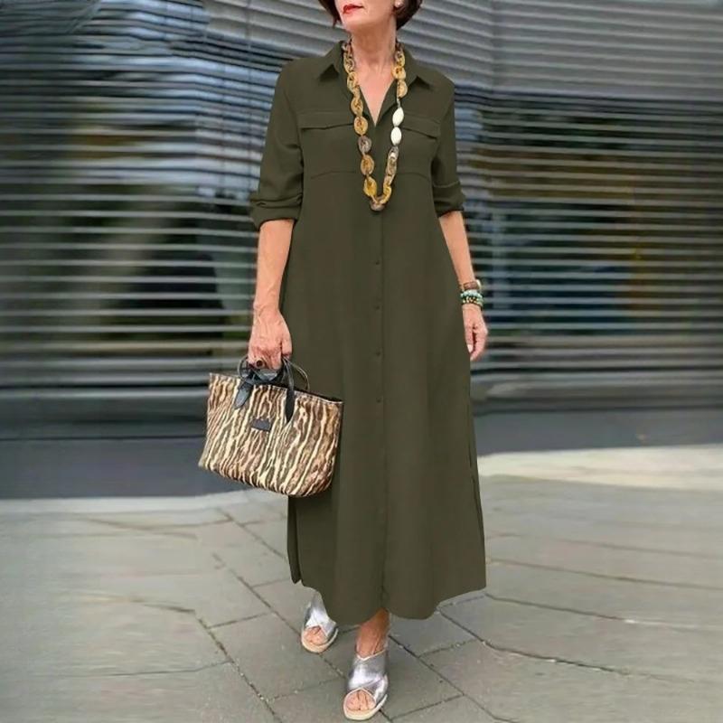 GMXIA Women's New Elegant Solid Colour Long Sleeve Button POLO Neck Plus Size Dresses