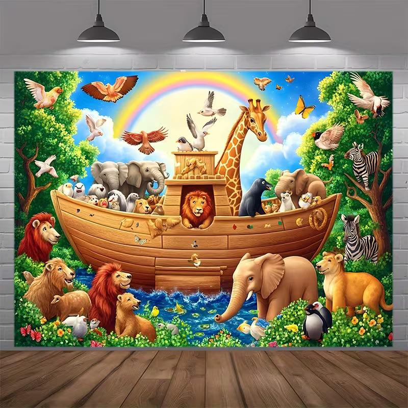 

2D Noah s Ark Animals Backdrop Rainbow Kids Birthday Photography Background 47.2x31.5inch/120*80cm