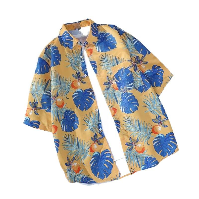 Retro Baumblatt Ananas Floral Kurzarm Sommer Vielseitig Unisex Strandhemd
