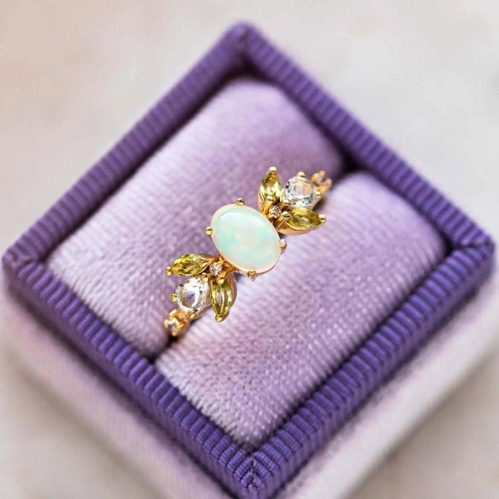 Oval Opal Gemstone Ring – Nature Inspired Gold Plated Ring with Peridot & Aquamarine Accents, Boho Vintage Engagement Jewelry Gift for Women