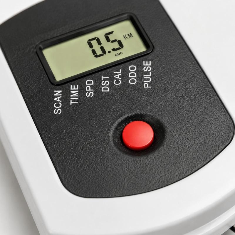 Exercise Equipment Monitor with LCD Workout Data Display, Single Mode Button, ABS Housing, and Attached Cable Leads with End Fittings