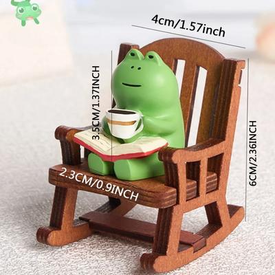 Niedliche kleine Heildekoration, süße Mini-Froschfigur aus Kunstharz, Schaukelstuhl-Design mit Buch, Kaffee, Zuhause, Schlafzimmer, Büro, Dekoration