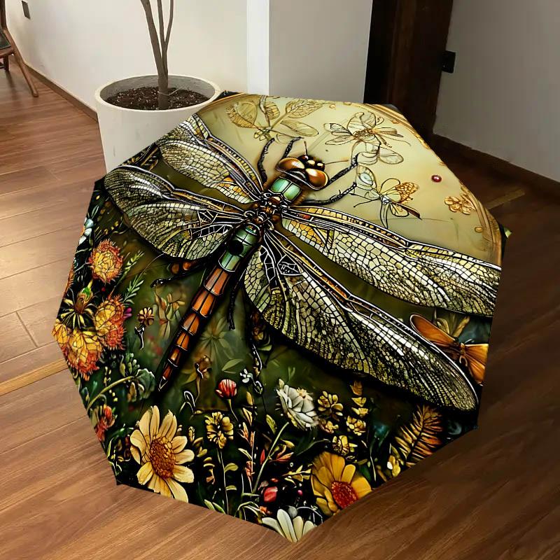 1PC Dragonfly FlowersAutomatic Open/Close Umbrella with Windproof, 8-Rib Sturdy Canopy, Durable Ribs, Fashionable Design, Outdoor Accessory, Fun Prin,