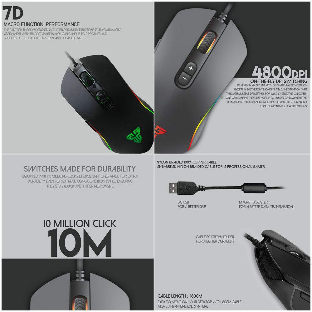 FANTECH Basic Wired Gaming Mouse X9 RGB 7 Butoane Macro Programabile True 4800 DPI Claw Grip Mouse de Gaming Confortabil pentru Începători pentru Windows PC Negru