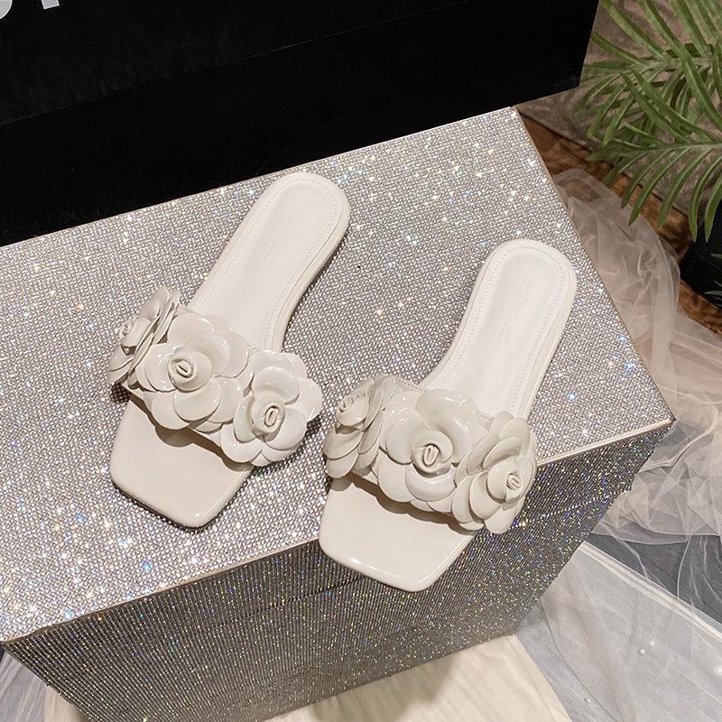 Fashion designer camellia slippers women black white mixed color slides shoes ladies flower decoration flip flops floral sandalias mujer