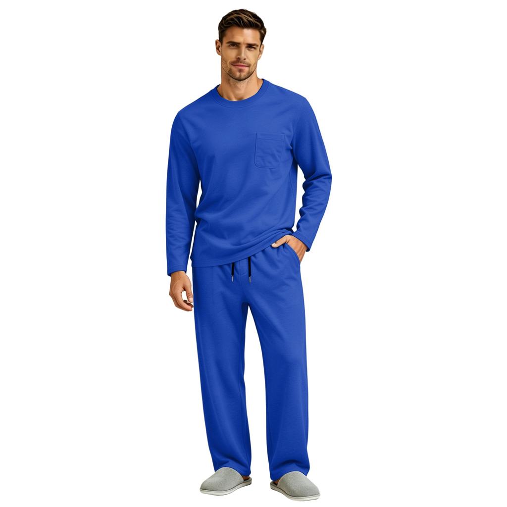Men's Long Sleeve Pajama Set with Button Fly and Elastic Drawstring Waist for Sleep and
