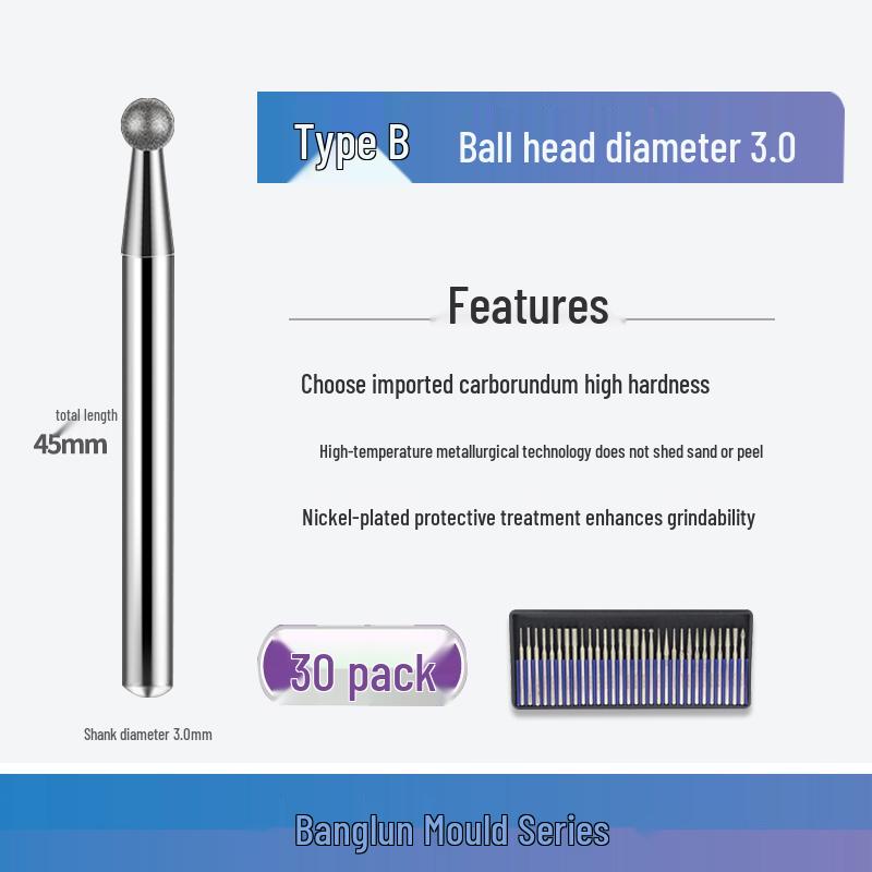 Banglun Diamond 3mm Alloy Grinding Head Set: Jade Carving, Cylindrical, Conical, Ball Needles