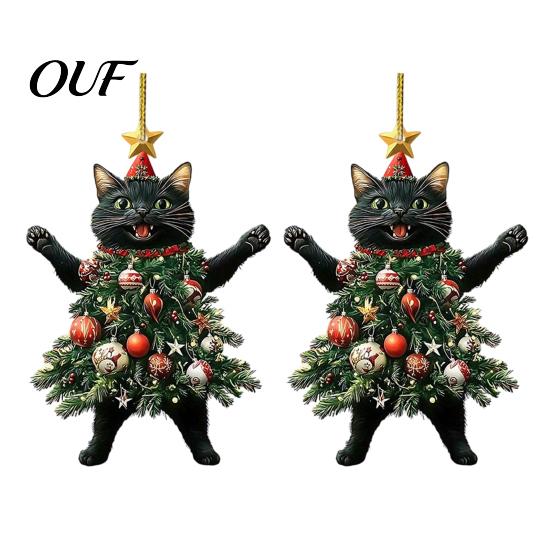 Indoor Holiday Ornaments 2Pcs Christmas Cat Acrylic Ornament, 2D Flat Kitty Hanging Pendant with Durable Santa Hat Tree Decor, Car Rearview