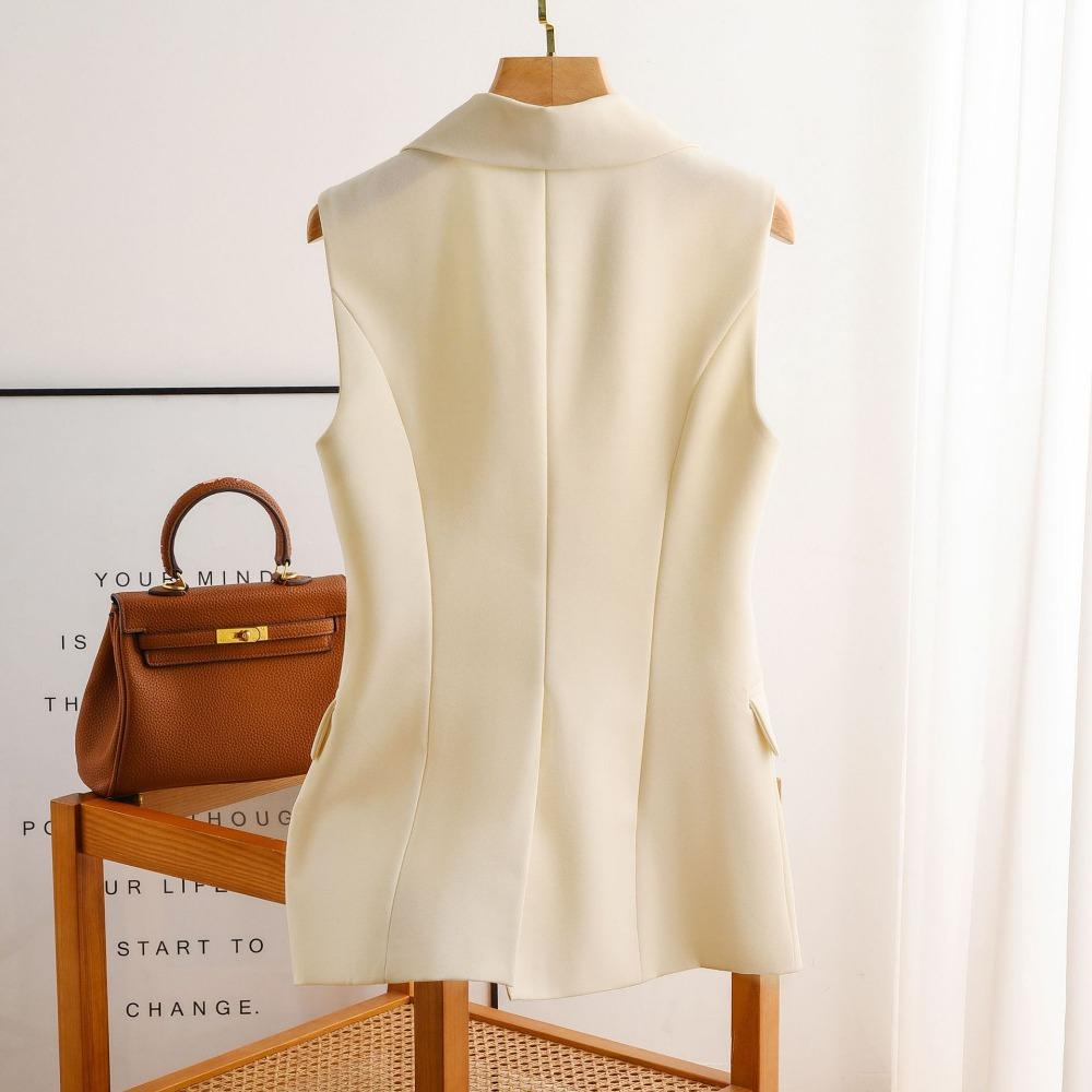 Women's Lapel Collar Vest Coat  All-Matched Single Breasted Sleeveless Classic Solid Color Chic Vintage Office Lady Jacket