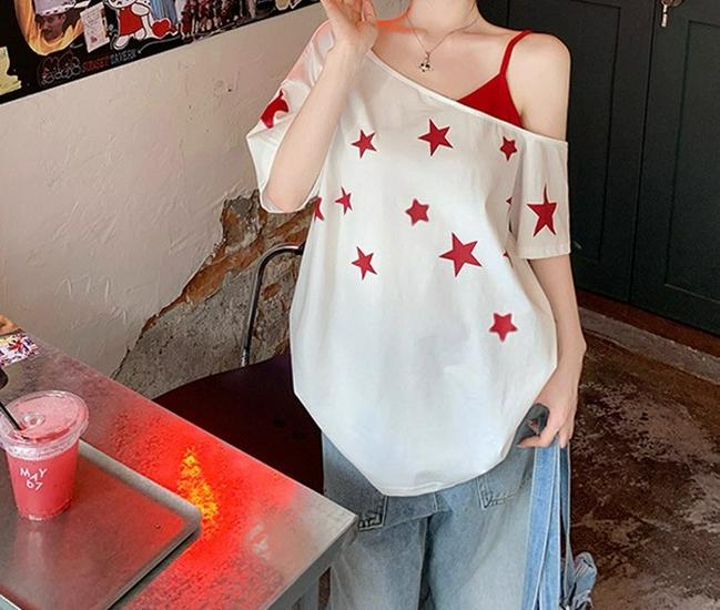 

Камисоль на одно плечо в корейском стиле с принтом звезд, лоскутная футболка - женский свободный летний топ M белый