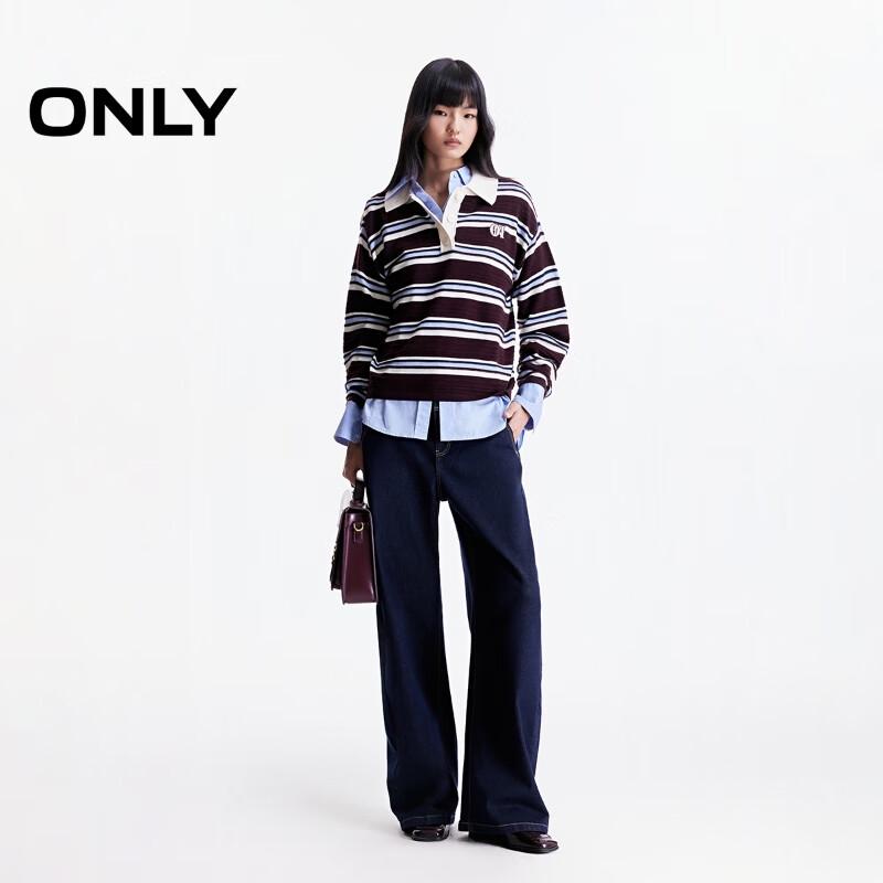 Only Women's 2025 Autumn College Style Polo Collar Striped Loose Knit Sweater