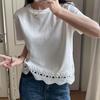 Elegant Floral Lace Patchwork Cotton T-shirt - White, Short Sleeve, Summer Style