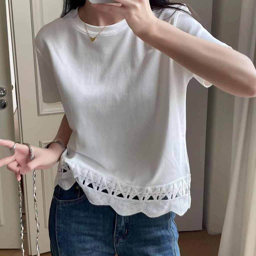 Elegant Floral Lace Patchwork Cotton T-shirt - White, Short Sleeve, Summer Style
