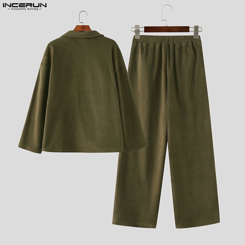 INCERUN Two Pieces Sets Winter Autumn Men Long Sleeve Furry Pullovers Long Pants Casual Outfits