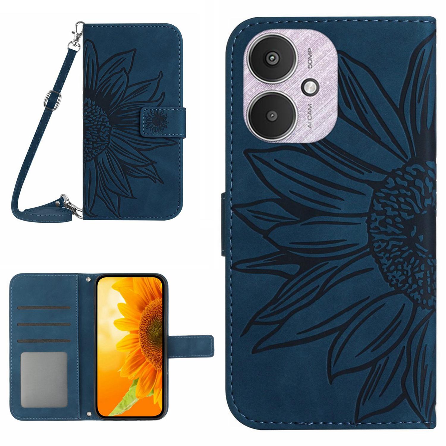 

HT04 Для Xiaomi Redmi 13C 4G/5G/13R 5G/Poco M6 5G/Poco C65 4G Кожаный чехол-кроссбоди для телефона с узором подсолнуха Dark Blue