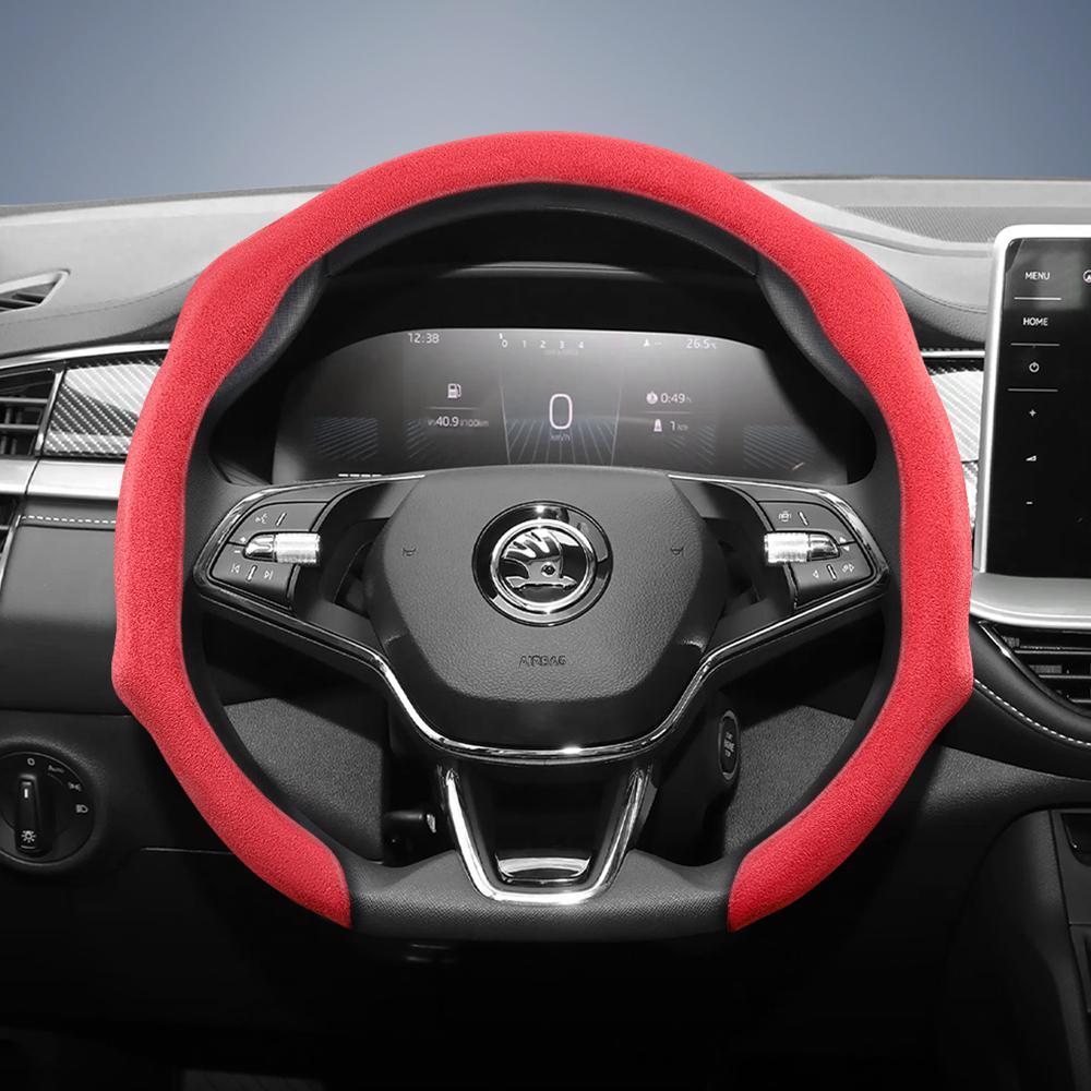 Suitable for Skoda Premium Suede Snap-On Steering Wheel Cover, Non-Slip and Durable, Round and D-Shaped Steering Wheel Available for Octavia 