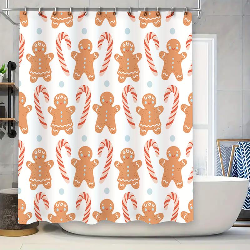 Festive Pattern Shower Curtain Christmas Decorations Gingerbread Man Candy Cane Waterproof Bathroom Liner 90x180cm