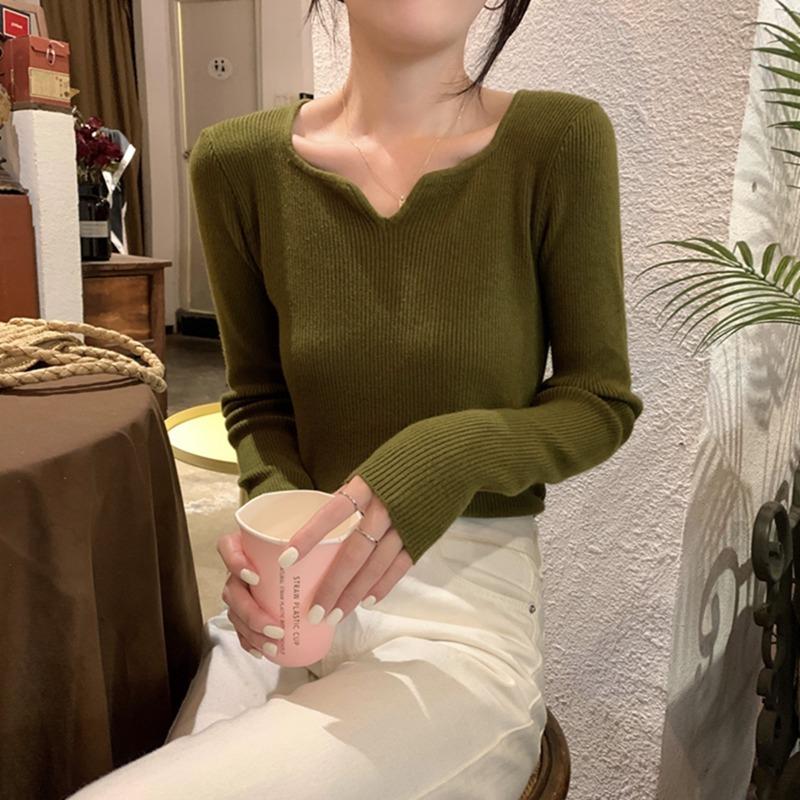 Fashion Square Collar Inner Knitted Pullover Bottoming Sweater Autumn Winter Slim Fit Office Loose Tops Knitwear V Neck Solid Basic Sweet Clothing