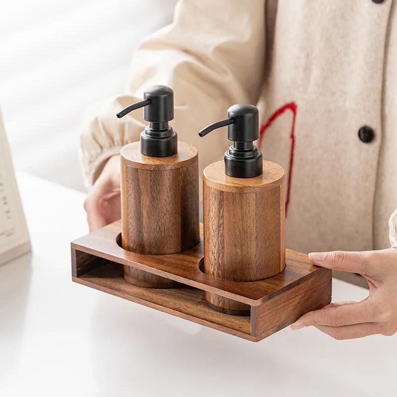 Walnut Wood Dispenser Pump Bottle, Press Type Liquid Soap Container for Lotion, Shampoo, Bath Gel Hotel Bathroom Organizer