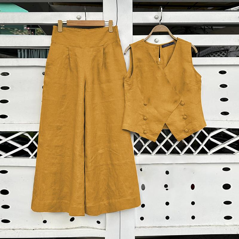 ZANZEA Dámské ležérní soupravy jednobarevných kalhot s výstřihem do V bez rukávů