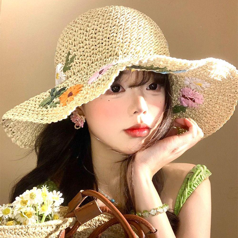 Embroidered Flower Flower Straw Hat Boho UV Protection Cap Sweet Women's Sun Hats  Travel
