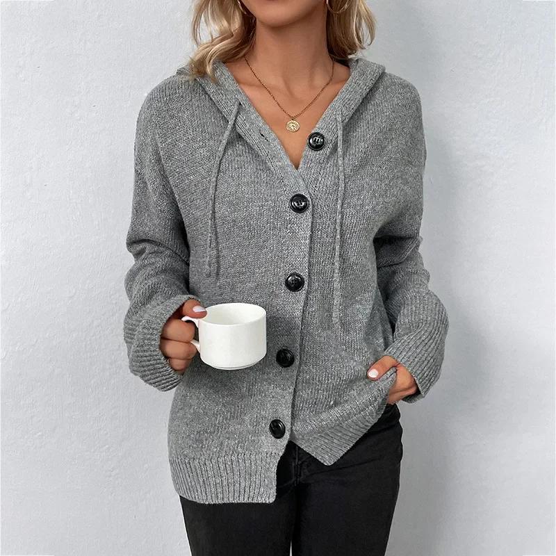 Women Knit Hooded Sweater Coat Single Breasted Thick Cardigan Solid Casual Splice Jumpers Full Sleeve Regular Winter 2024