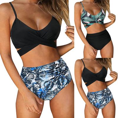 Women’s High Waist Bikini Set with Leaf Print V Neck Top and Adjustable Straps Two Piece Swimsuit for Beach Pool Resort Wear