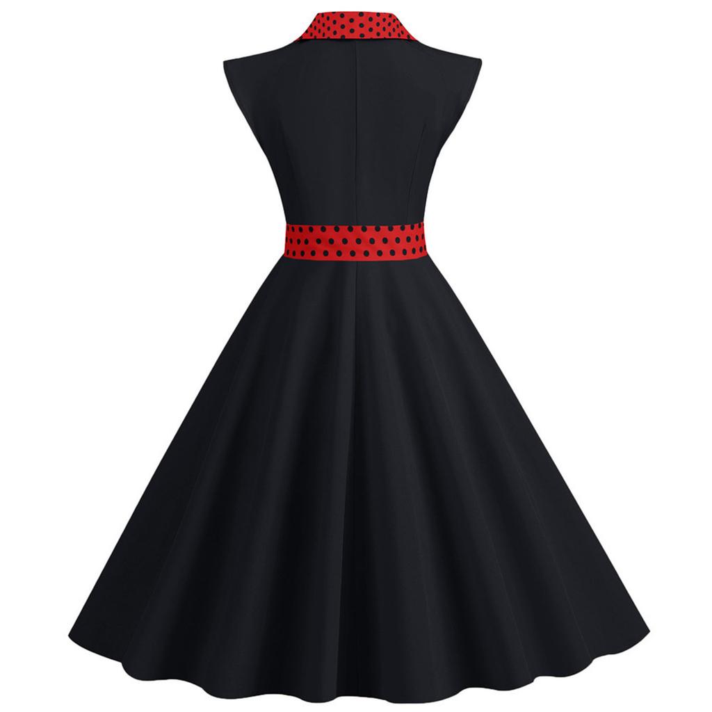 Women's Fashionable Suit Collar Polka Dot Casual Color Large Swing Dress With Belt