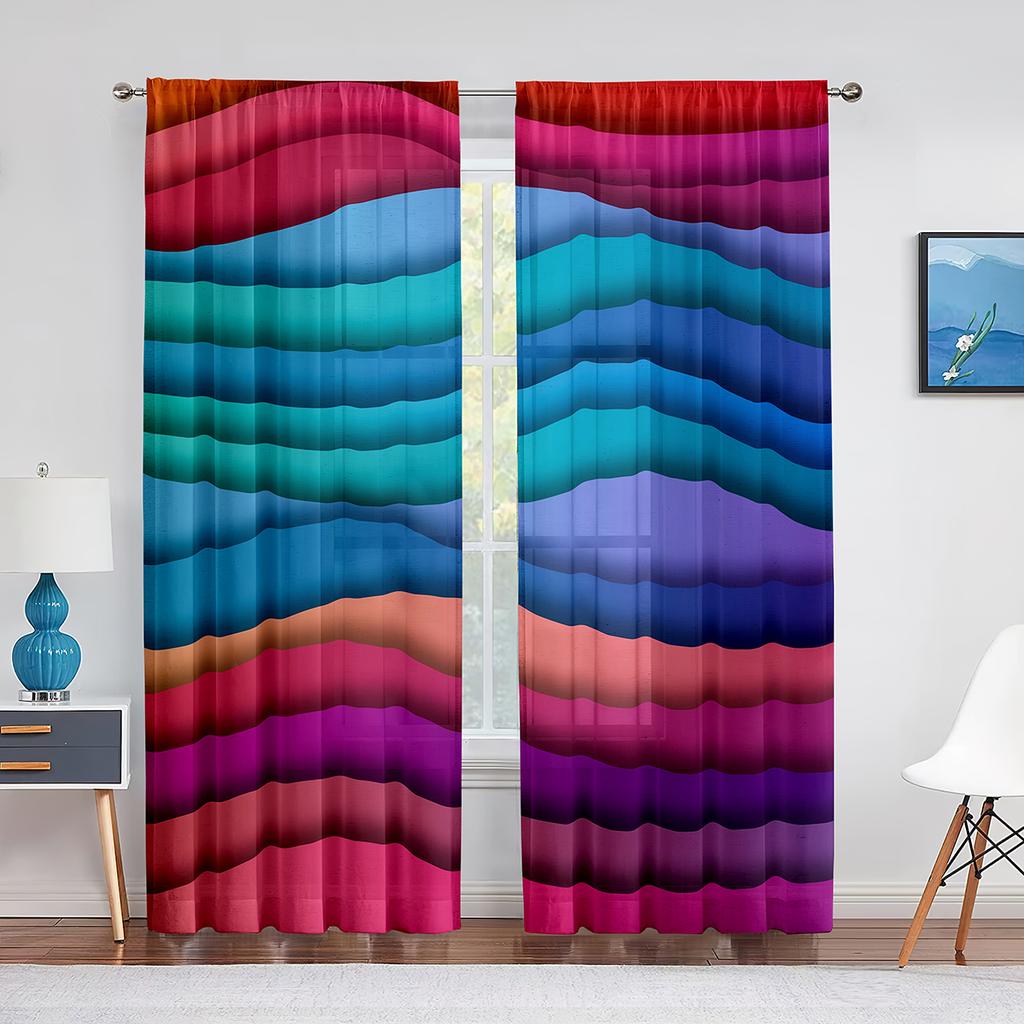 Abstrakt konst Färgglada vågor Ränder Geometriska tyllgardiner för vardagsrum Sovrumsinredning Skir voilegardin Fönsterdekorationer